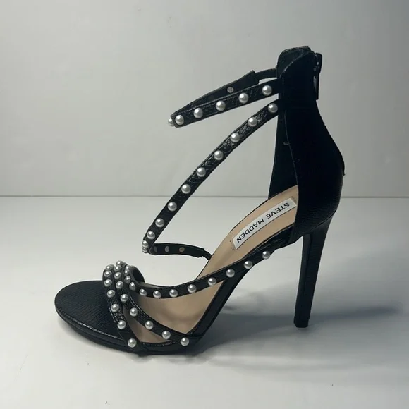 Steve Madden Meg 4" Heels Snake Pearl Ankle Strap Black 7M PU Upper - Picture 2 of 7